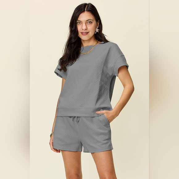 Double Take Full Size Texture Short Sleeve T-Shirt and Drawstring Shorts Set - Picture 1 of 5